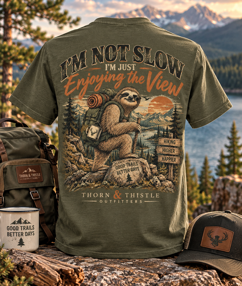 Enjoying the View – Sloth Hiking Tee