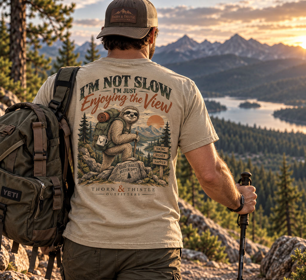 Enjoying the View – Sloth Hiking Tee