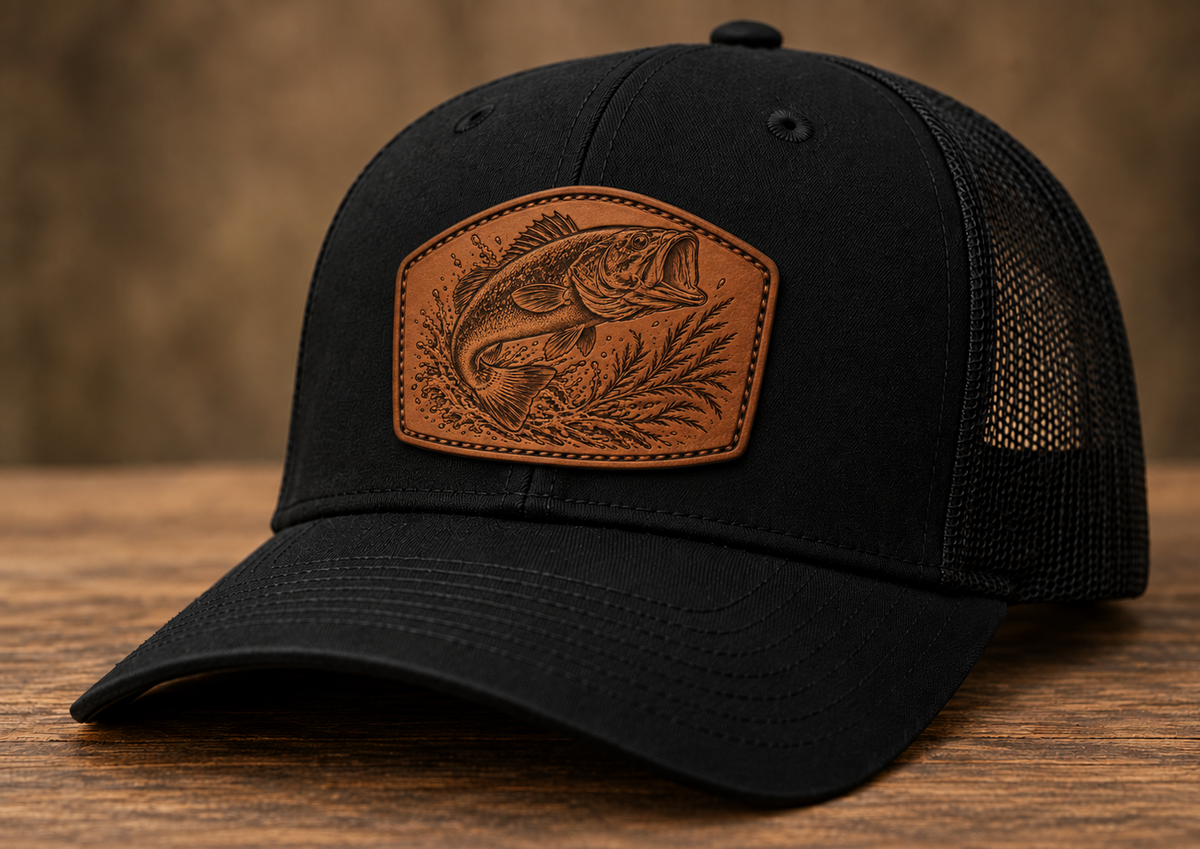 Largemouth Bass Leather Patch Trucker Hat