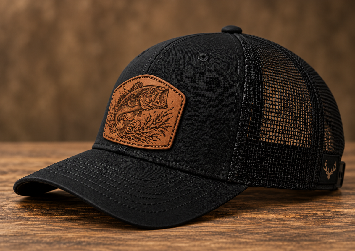 Largemouth Bass Leather Patch Trucker Hat