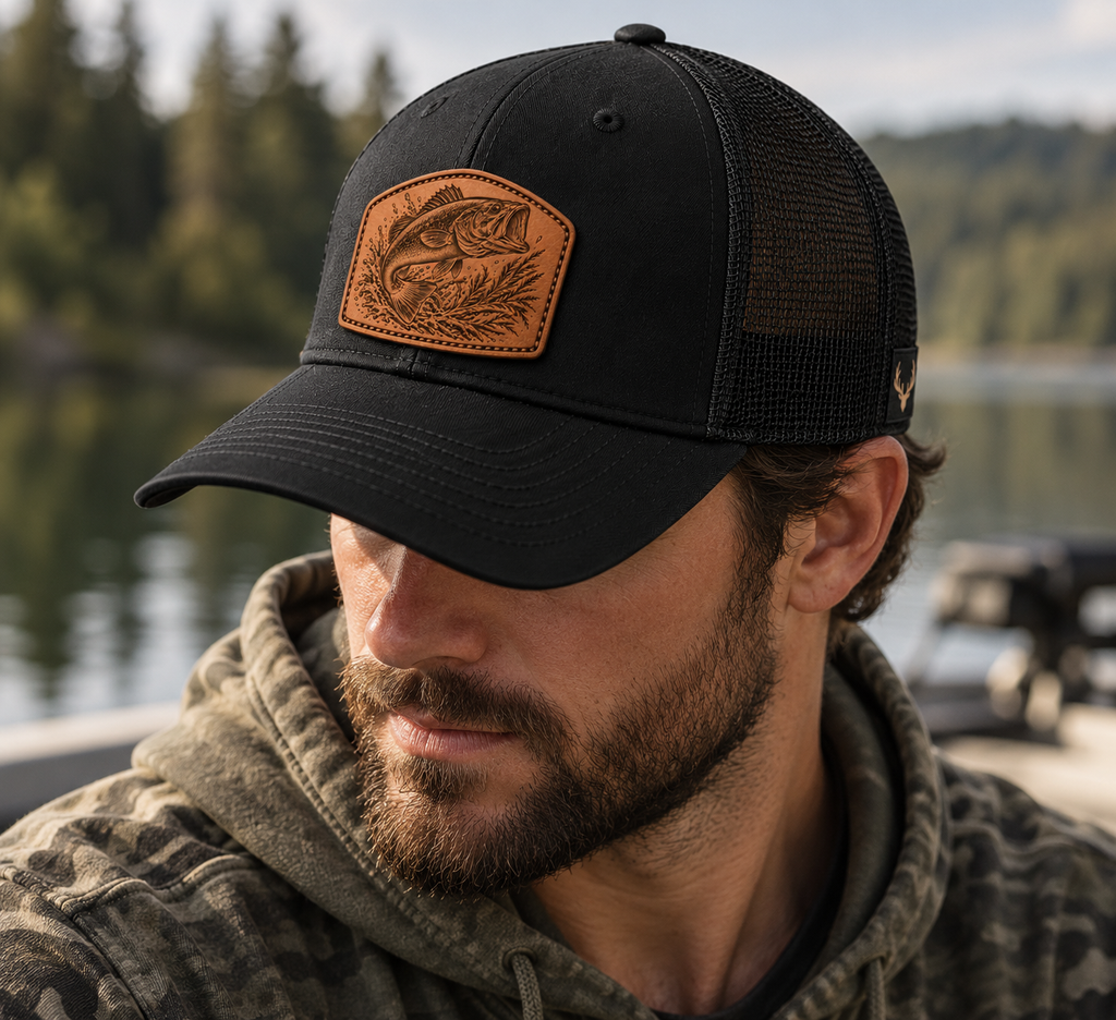 Largemouth Bass Leather Patch Trucker Hat