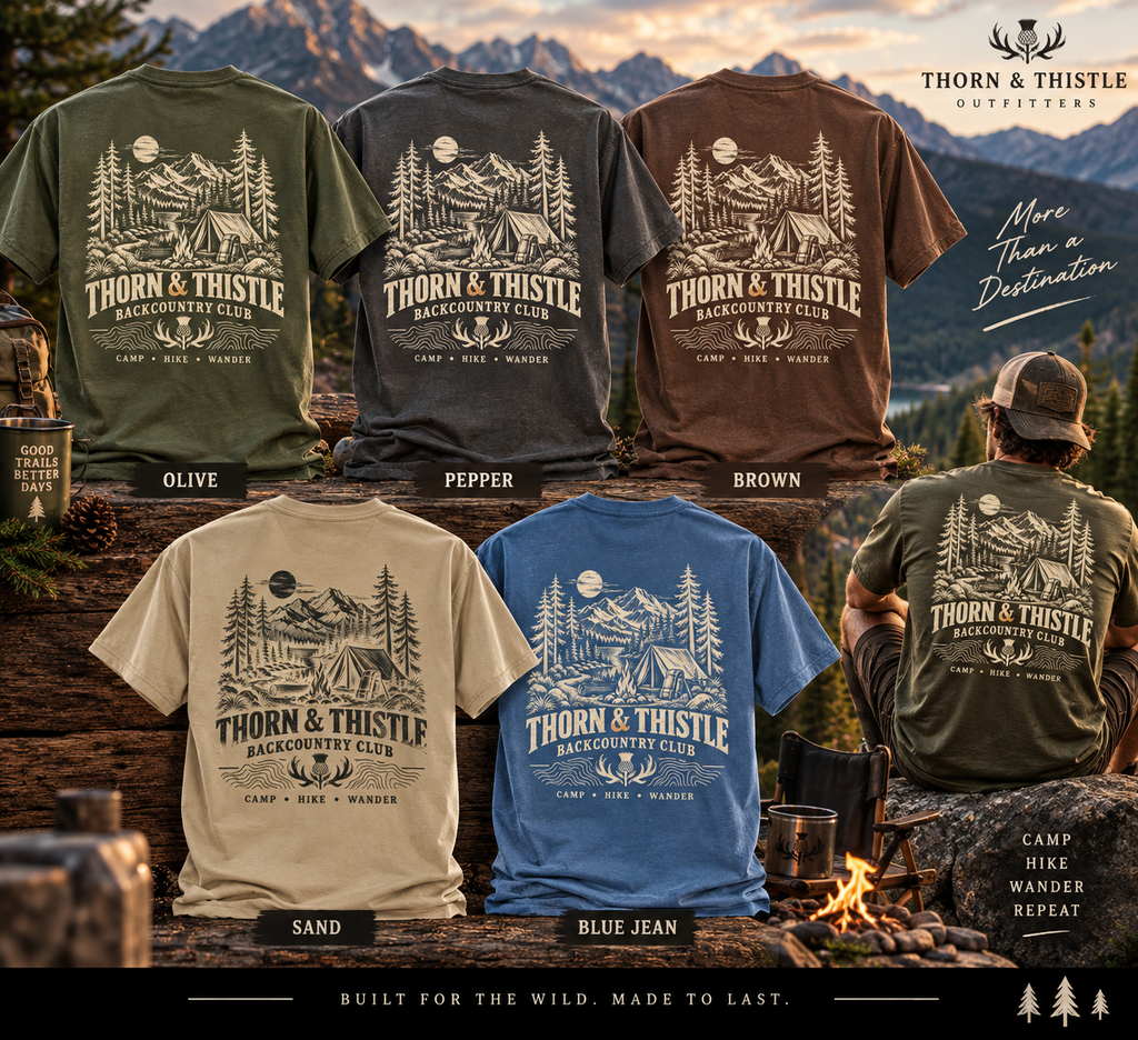 Backcountry Club Camping Tee – Vintage Mountain Hiking Shirt  Description: