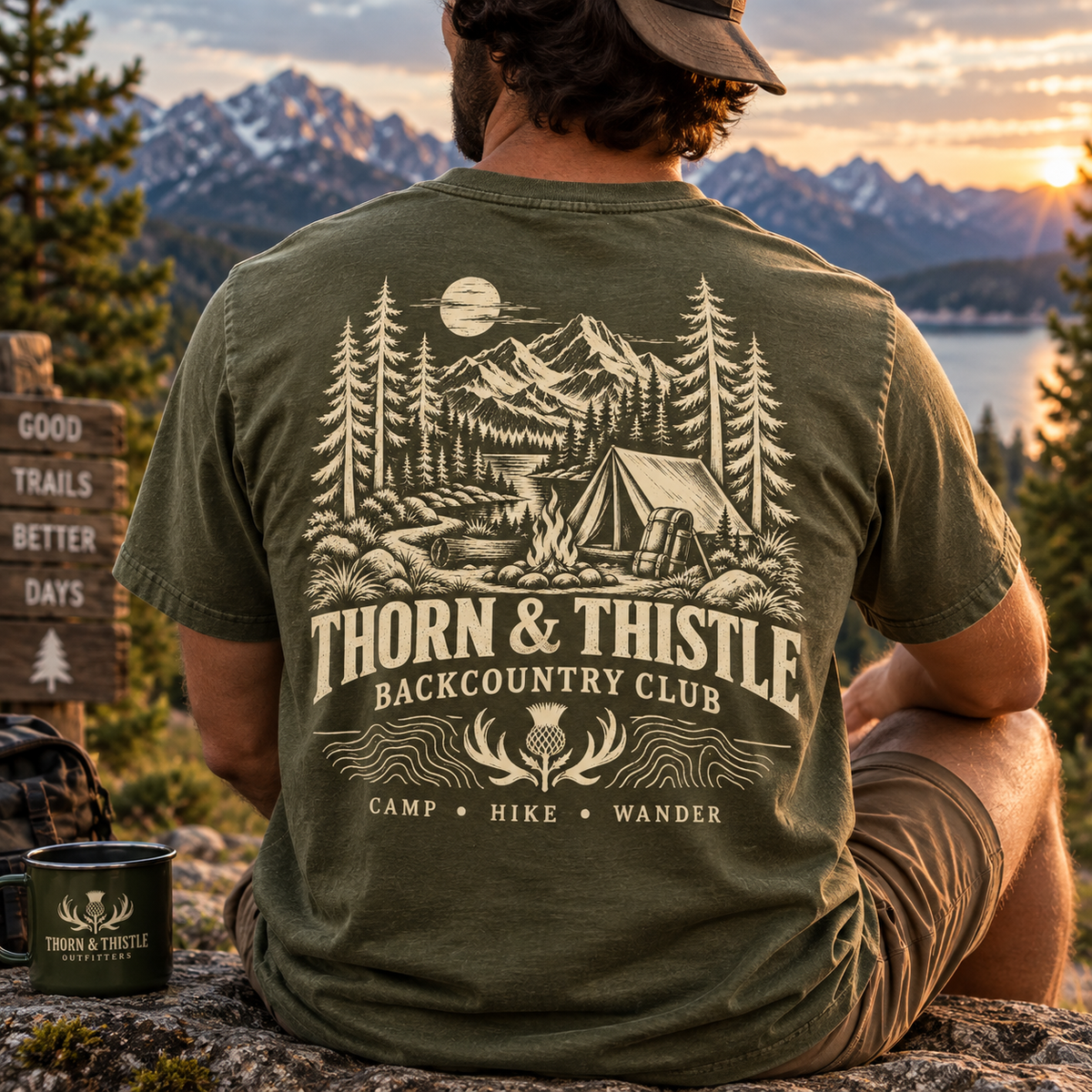 Backcountry Club Camping Tee – Vintage Mountain Hiking Shirt  Description: