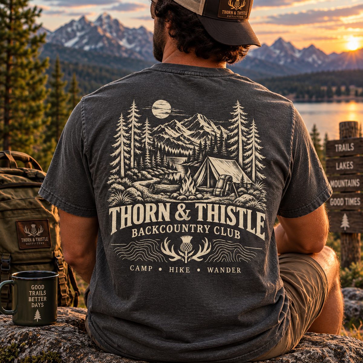 Backcountry Club Camping Tee – Vintage Mountain Hiking Shirt  Description: