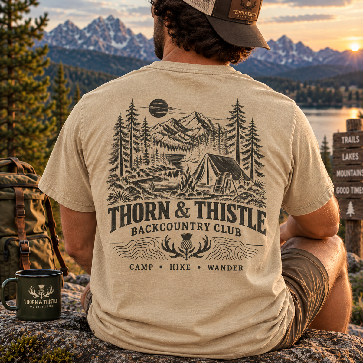 Backcountry Club Camping Tee – Vintage Mountain Hiking Shirt  Description: