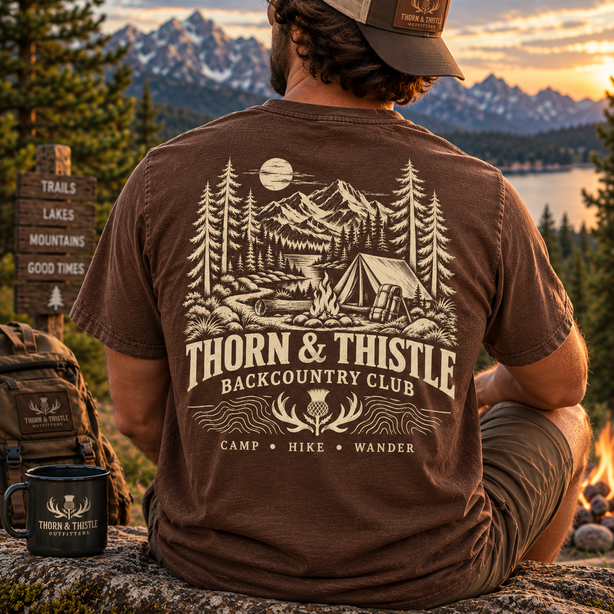 Backcountry Club Camping Tee – Vintage Mountain Hiking Shirt  Description: