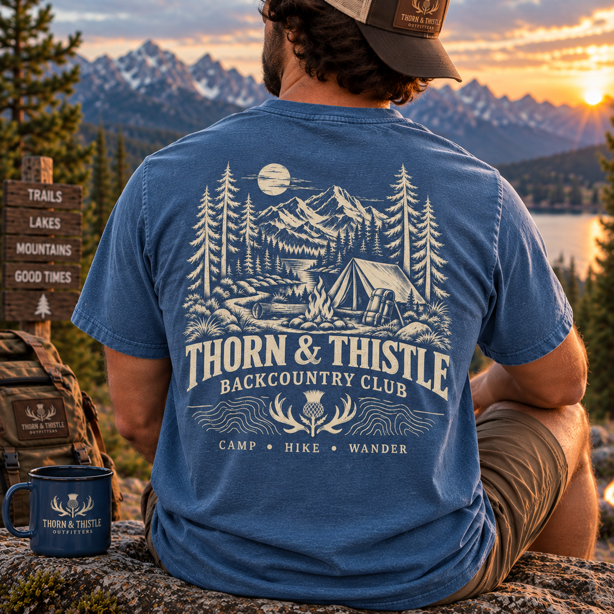 Backcountry Club Camping Tee – Vintage Mountain Hiking Shirt  Description: