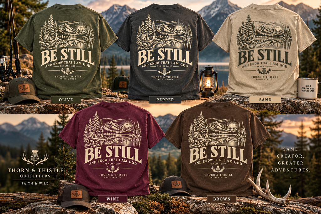 Be Still Christian Outdoor Tee – Psalm 46:10 Faith & Wild Shirt