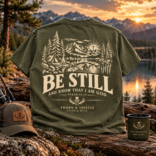 Be Still Christian Outdoor Tee – Psalm 46:10 Faith & Wild Shirt