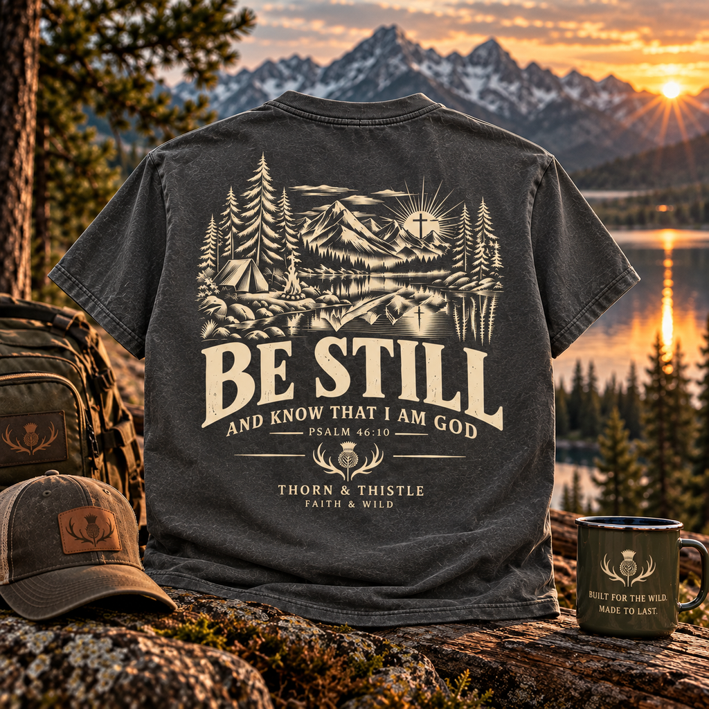 Be Still Christian Outdoor Tee – Psalm 46:10 Faith & Wild Shirt