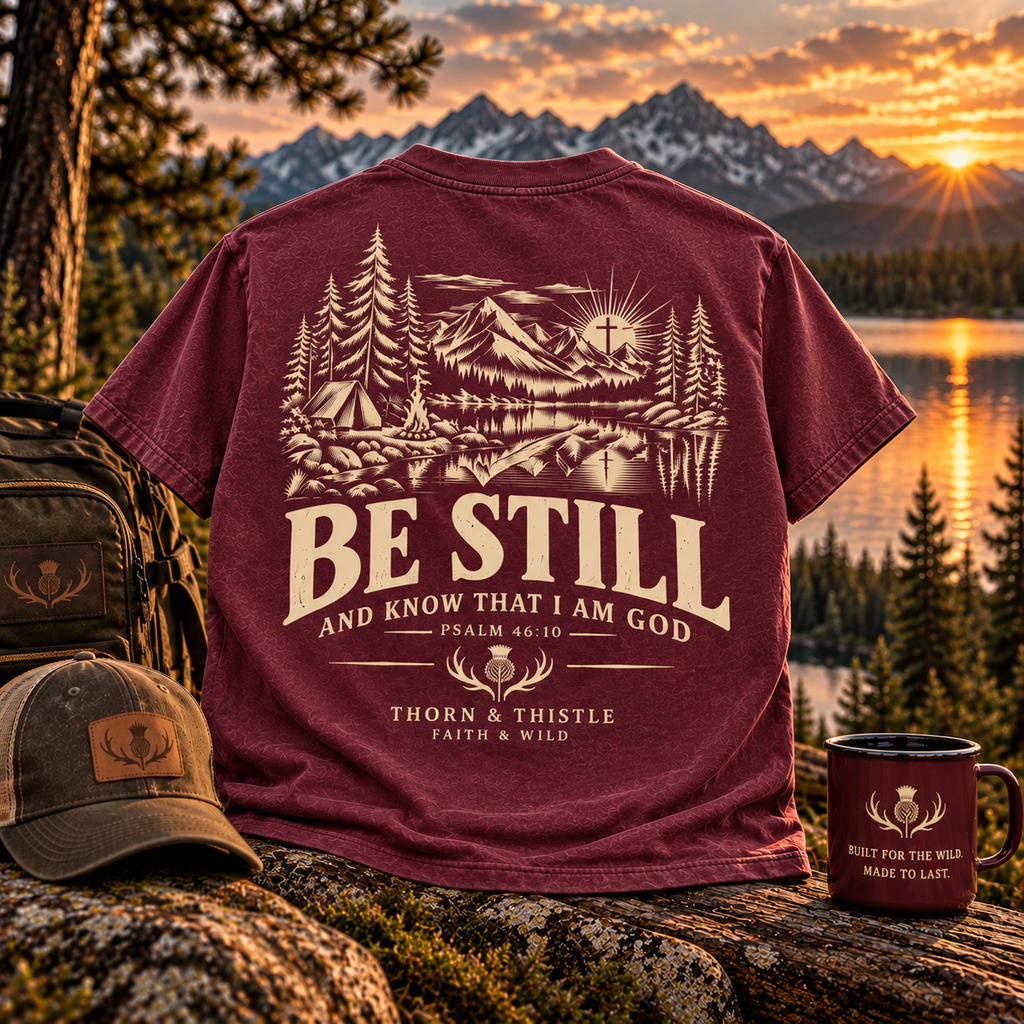 Be Still Christian Outdoor Tee – Psalm 46:10 Faith & Wild Shirt
