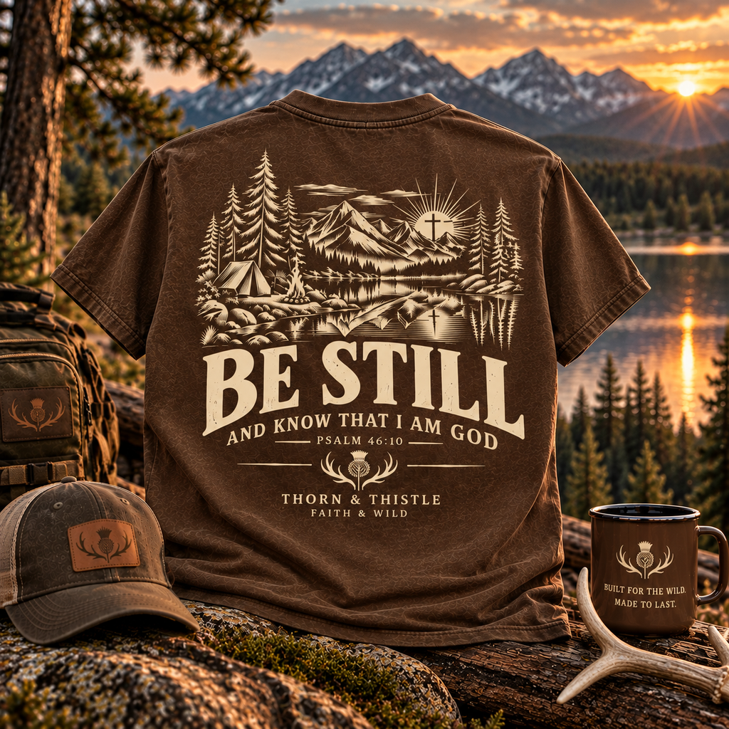 Be Still Christian Outdoor Tee – Psalm 46:10 Faith & Wild Shirt