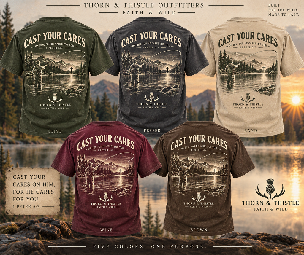 Cast Your Cares Christian Fishing Tee – 1 Peter 5:7