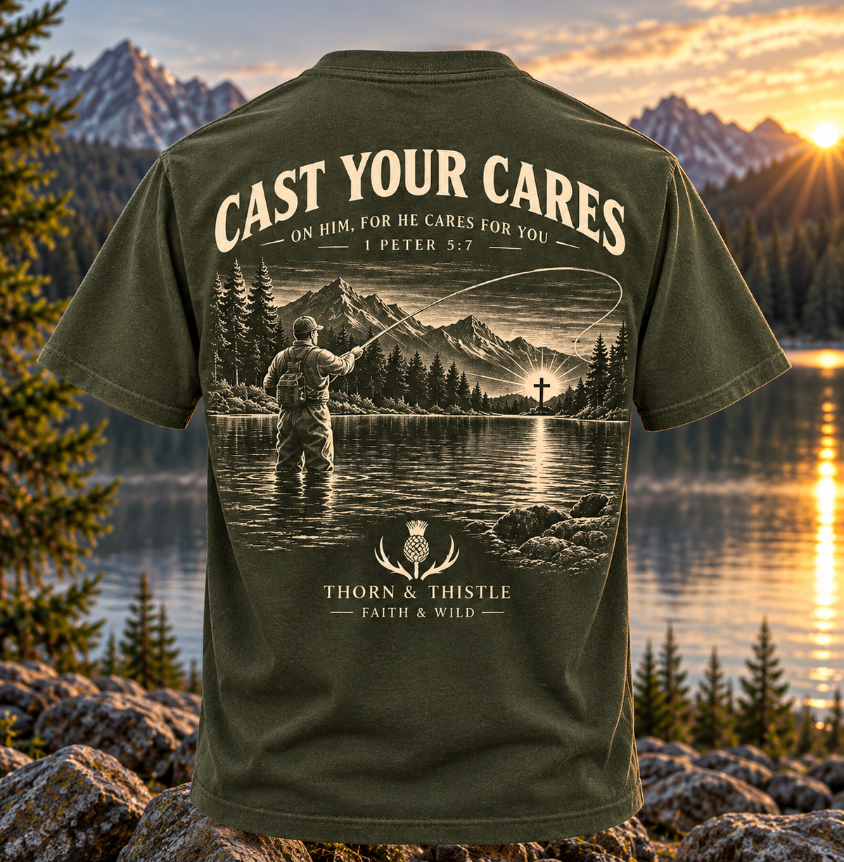 Cast Your Cares Christian Fishing Tee – 1 Peter 5:7