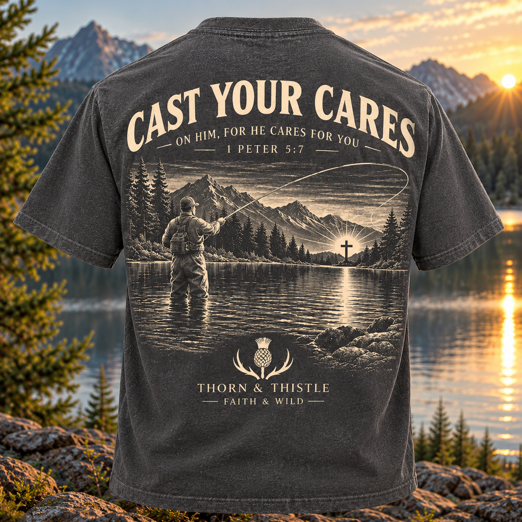 Cast Your Cares Christian Fishing Tee – 1 Peter 5:7