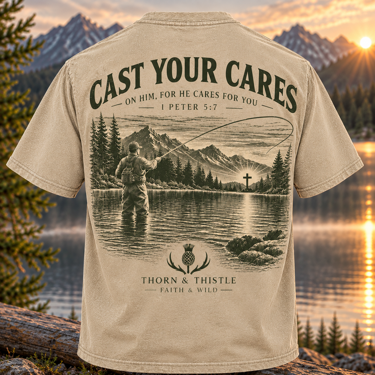 Cast Your Cares Christian Fishing Tee – 1 Peter 5:7