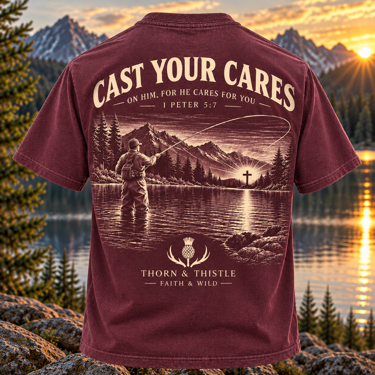 Cast Your Cares Christian Fishing Tee – 1 Peter 5:7