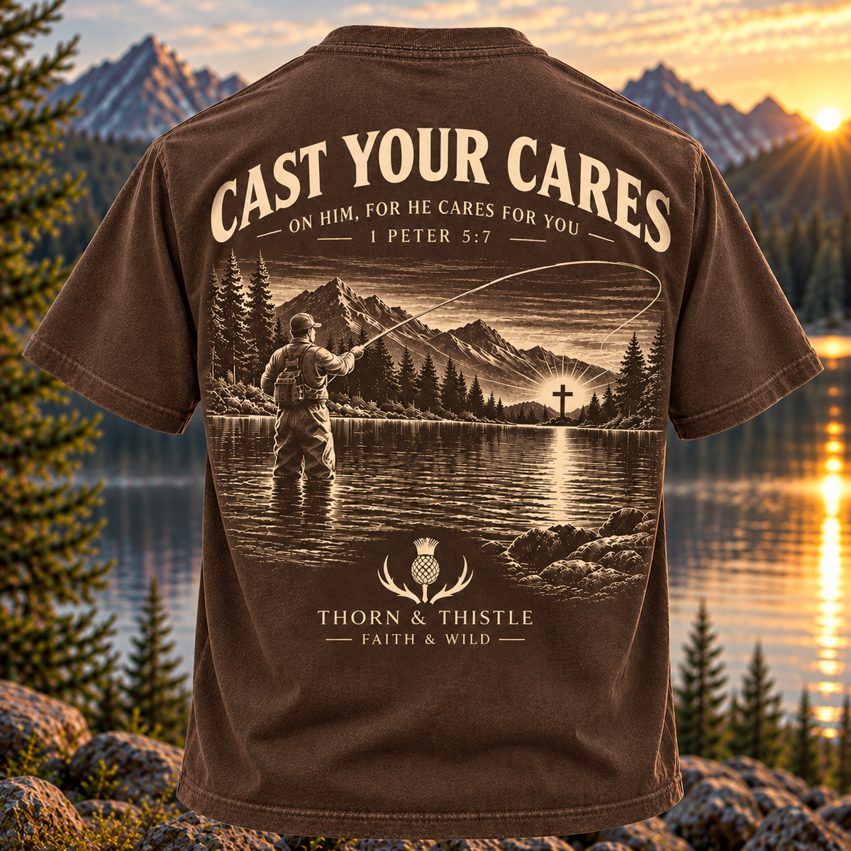 Cast Your Cares Christian Fishing Tee – 1 Peter 5:7