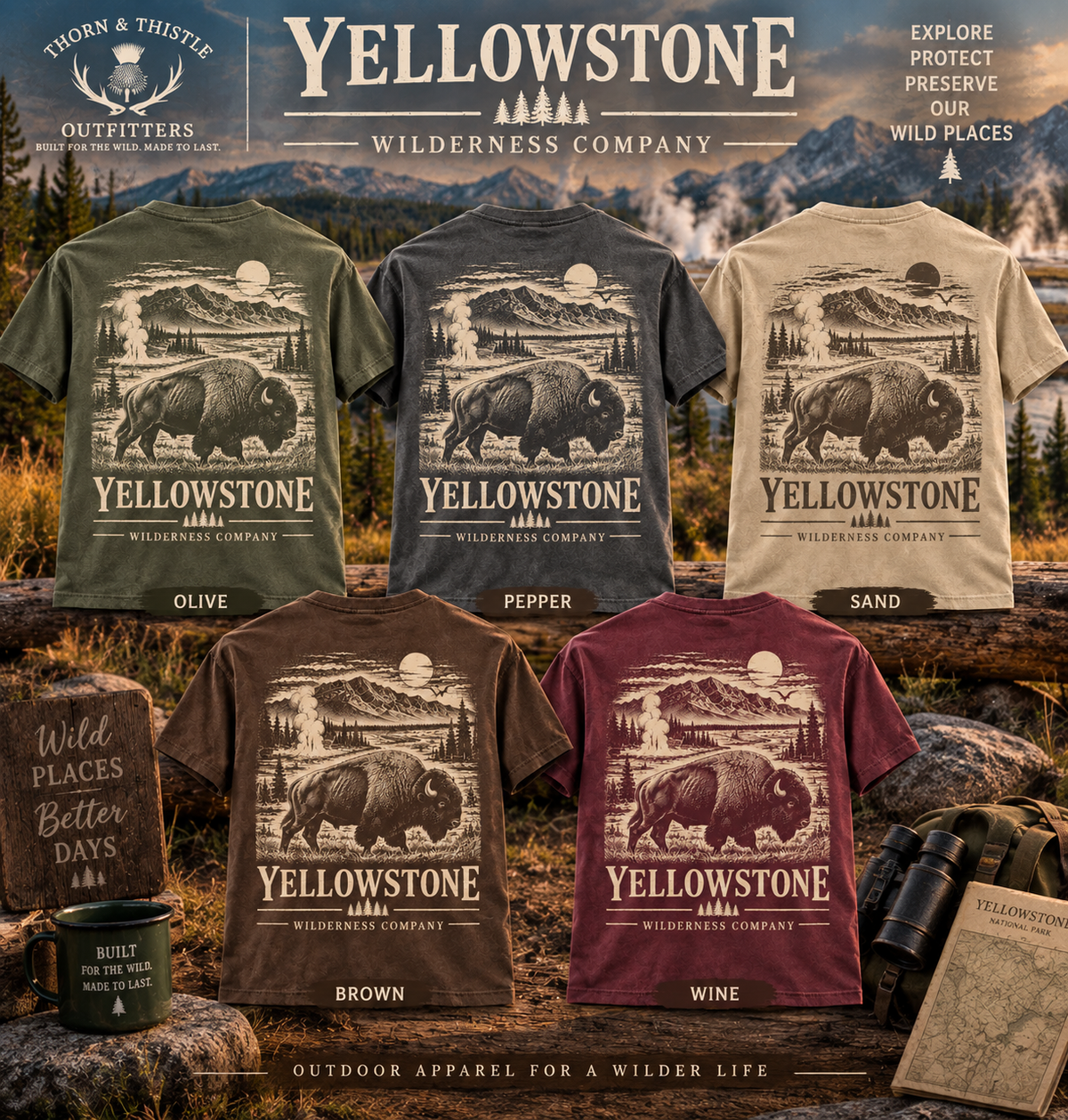Yellowstone Bison Tee – Vintage Wilderness Outdoor Shirt