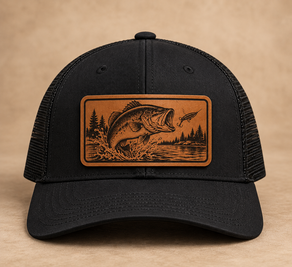 Largemouth Bass Leather Patch Trucker Hat