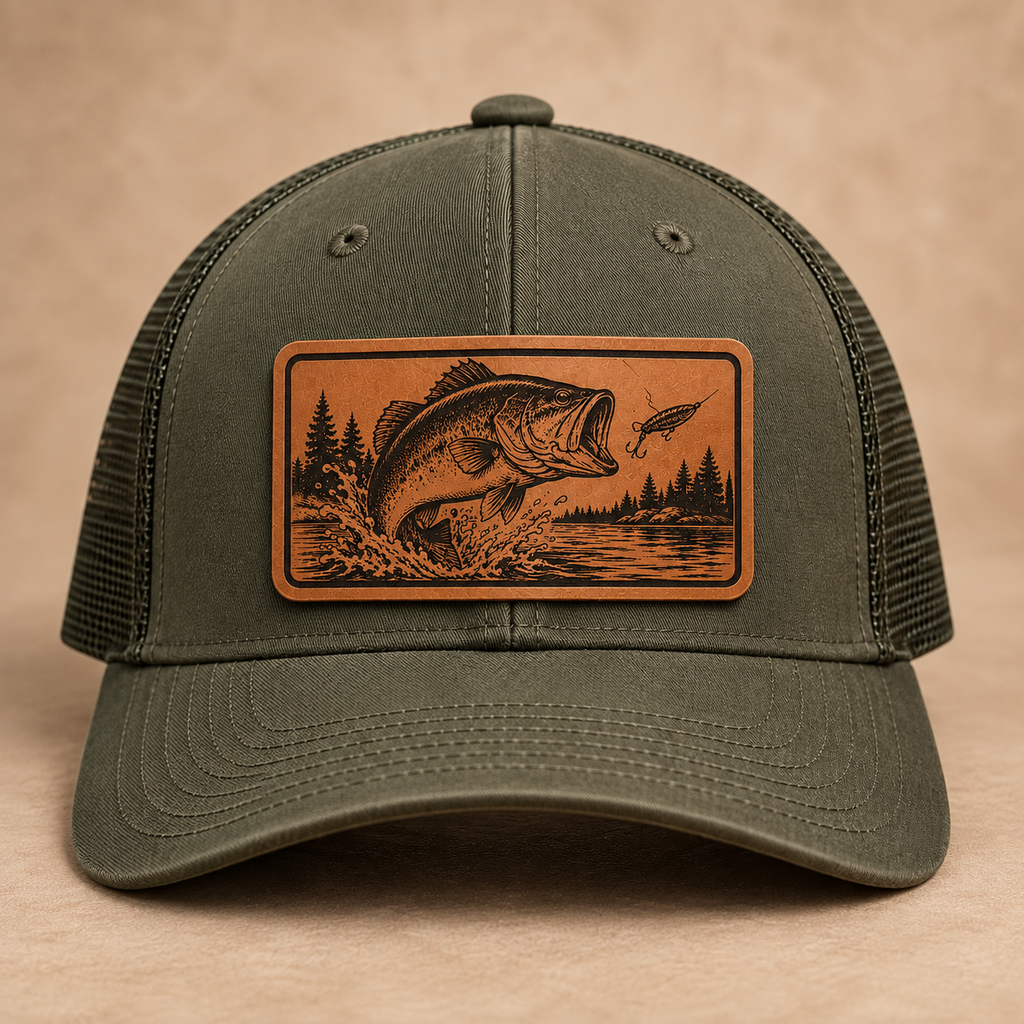 Largemouth Bass Leather Patch Trucker Hat