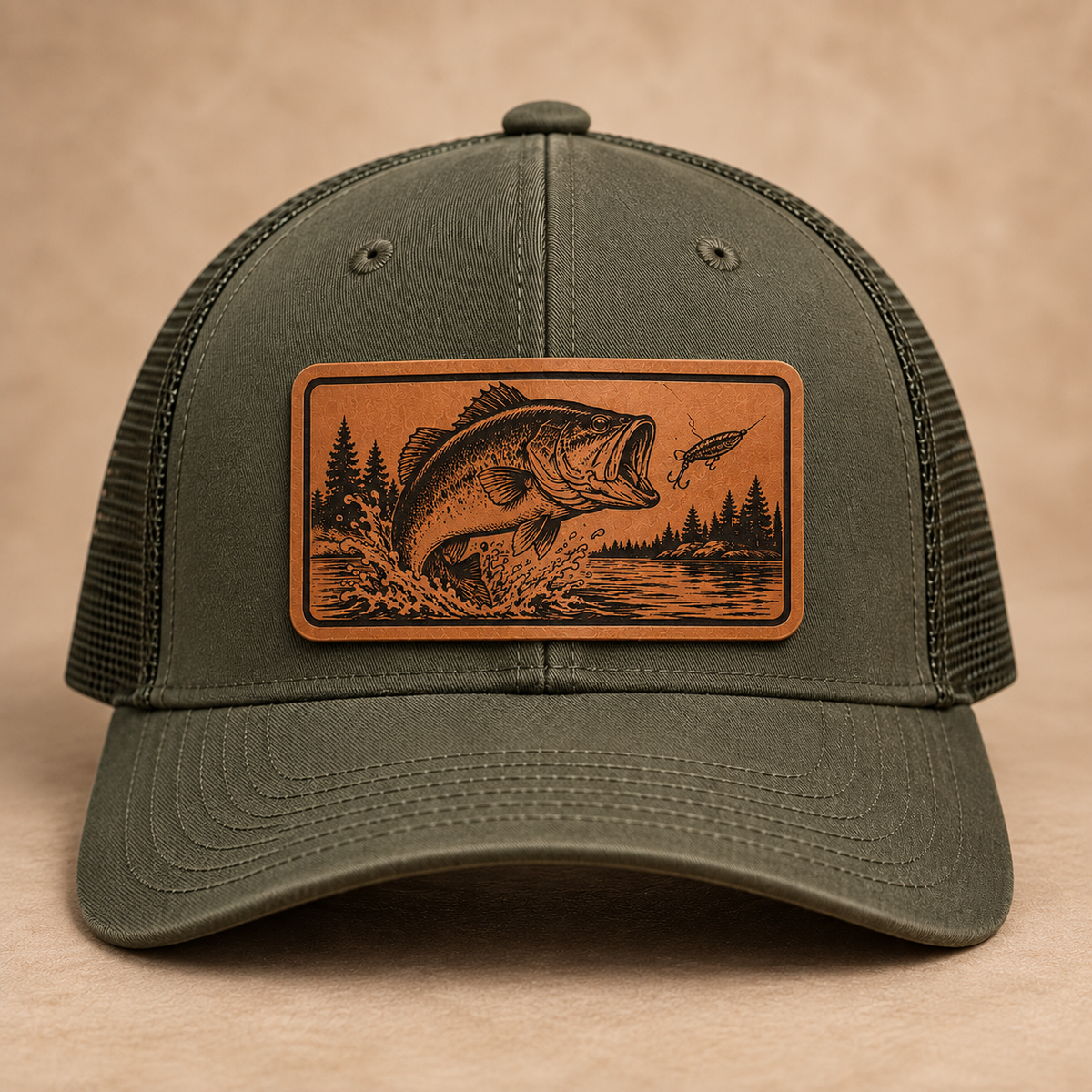 Largemouth Bass Leather Patch Trucker Hat