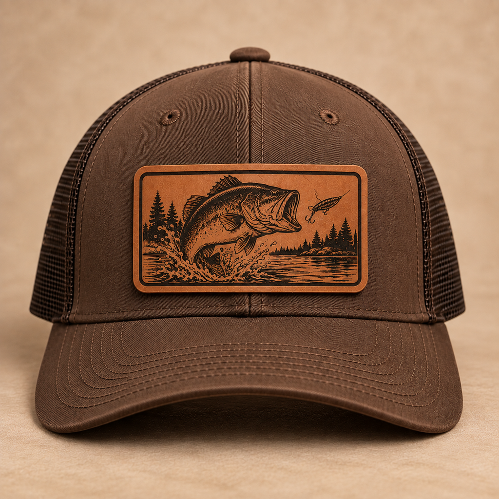 Largemouth Bass Leather Patch Trucker Hat