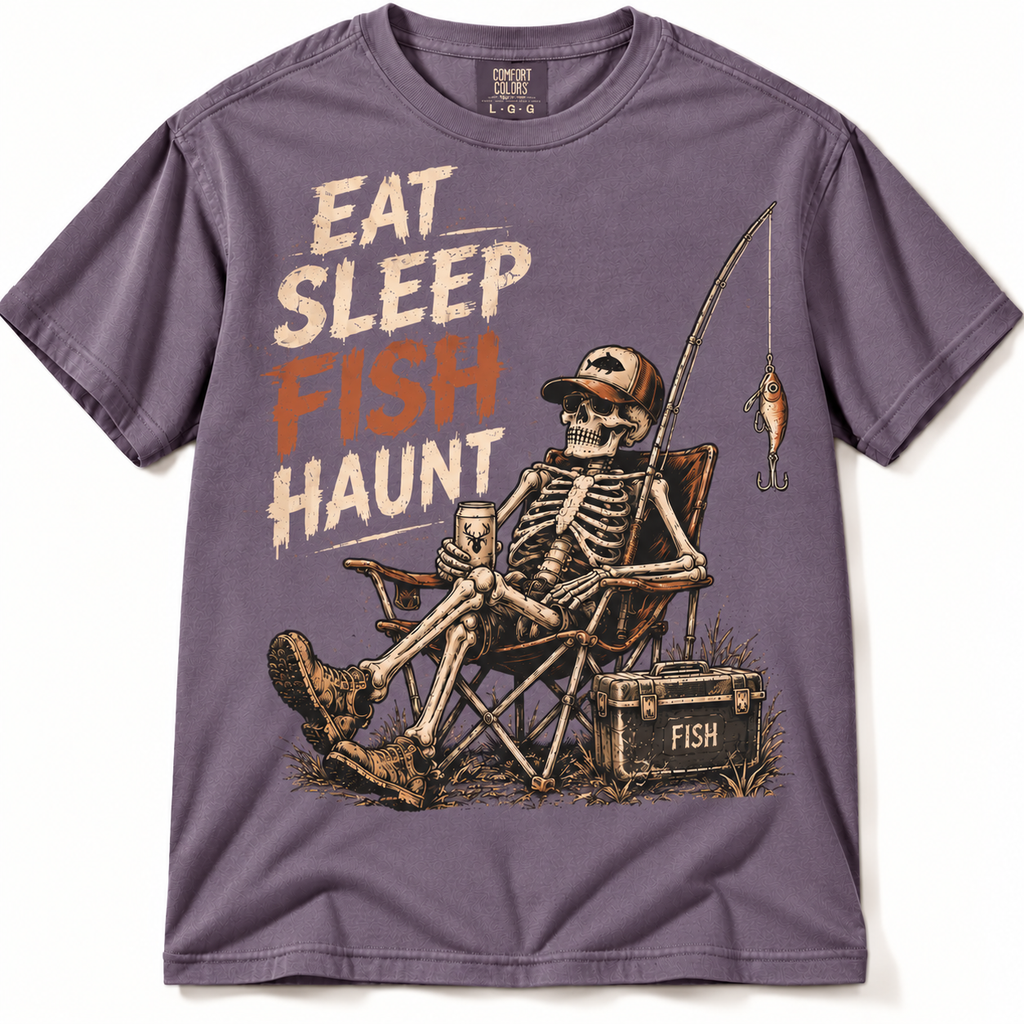Eat Sleep Fish Haunt Funny Halloween Skeleton Fishing Graphic Tee