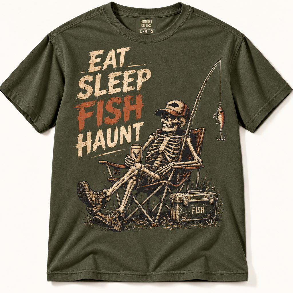 Eat Sleep Fish Haunt Funny Halloween Skeleton Fishing Graphic Tee