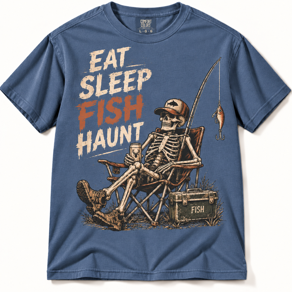 Eat Sleep Fish Haunt Funny Halloween Skeleton Fishing Graphic Tee