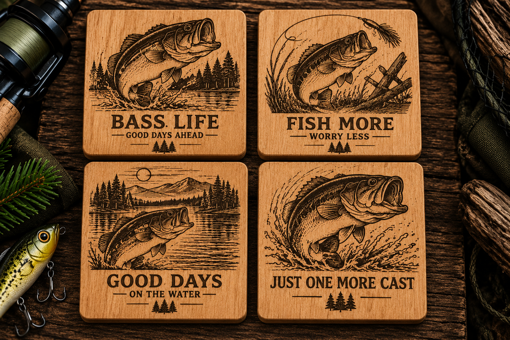 Bass Fishing Wooden Coaster Set – 4 Piece