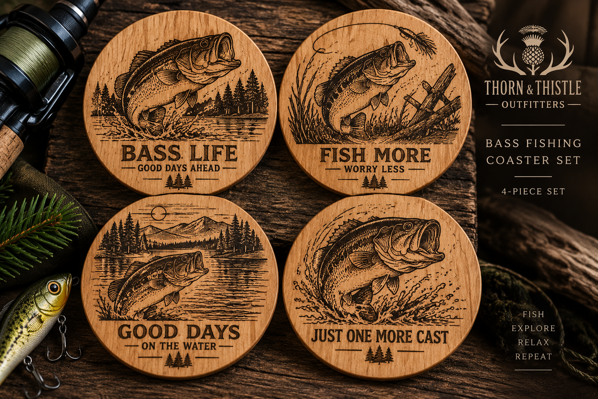 Bass Fishing Wooden Coaster Set – 4 Piece