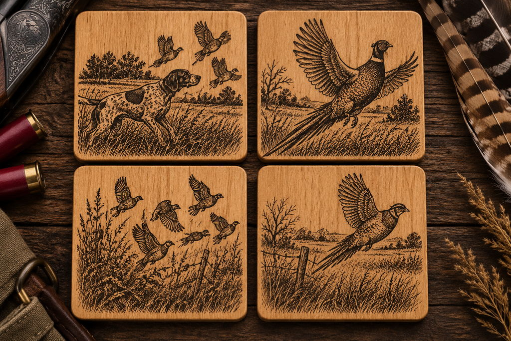 Upland Bird Hunting Wooden Coaster Set – 4 Piece