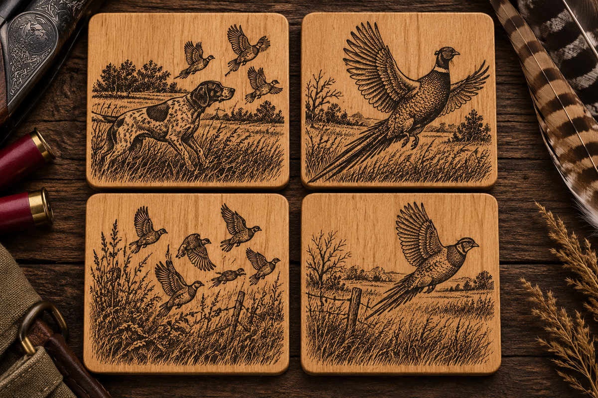 Upland Bird Hunting Wooden Coaster Set – 4 Piece