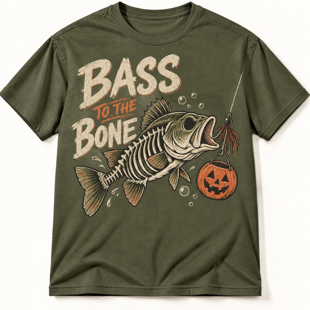 Bass to the Bone Funny Halloween Largemouth Bass Fishing Graphic Tee