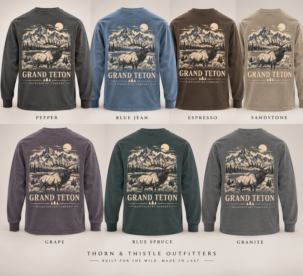 Grand Teton Elk Long Sleeve T-Shirt | Vintage Mountain Graphic