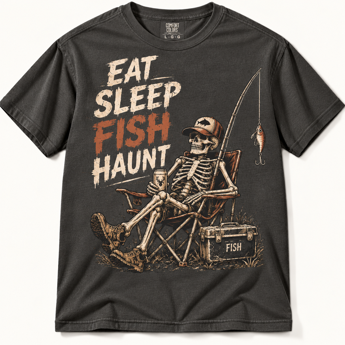 Eat Sleep Fish Haunt Funny Halloween Skeleton Fishing Graphic Tee