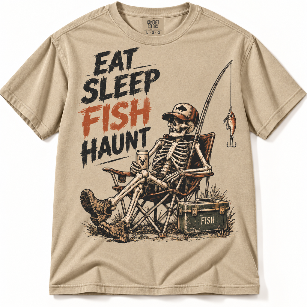 Eat Sleep Fish Haunt Funny Halloween Skeleton Fishing Graphic Tee
