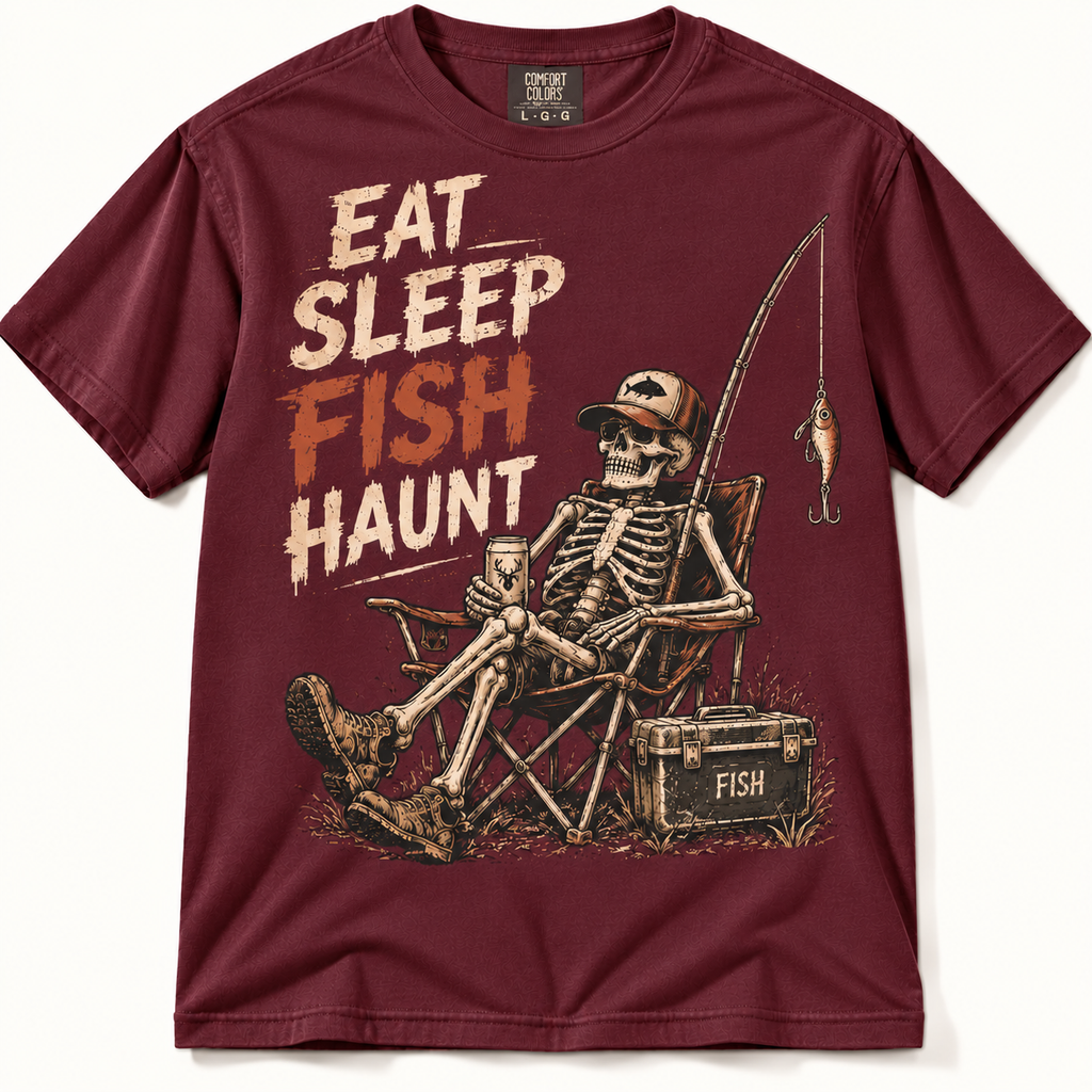 Eat Sleep Fish Haunt Funny Halloween Skeleton Fishing Graphic Tee